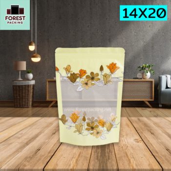 ถุงซิปล็อค เจาะหน้าต่างใส ลายดอกไม้เหลือง ตั้งได้ ขนาด 14x20 ซม.